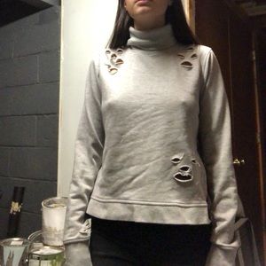 Grey turtleneck sweatshirt zip-down + ripped holes